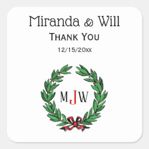 Festive Christmas Xmas Holly Wreath Monogram Square Sticker