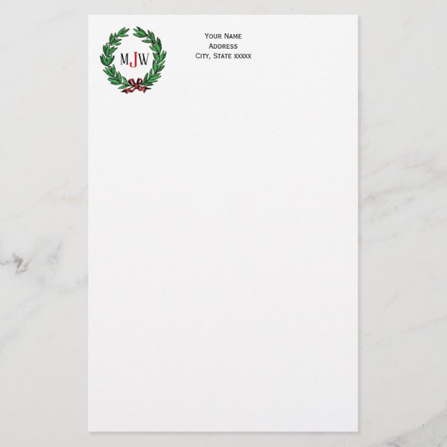 Festive Christmas Xmas Holly Wreath Monogram Stationery (Front)