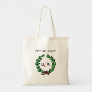 Festive Christmas Xmas Holly Wreath Monogram Tote Bag