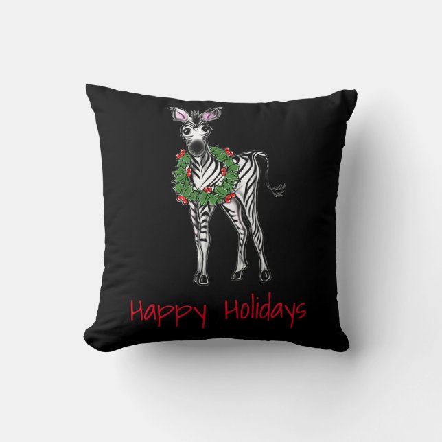 Festive Christmas Zebra, red green Holly wreath  Cushion (Front)