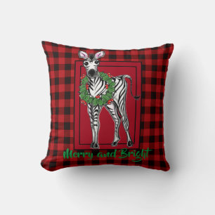 Festive Christmas Zebra, red green Holly wreath  Cushion