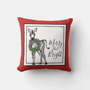 Festive Christmas Zebra, red green Holly wreath Cushion