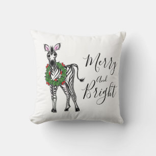 Festive Christmas Zebra, red green Holly wreath  Cushion