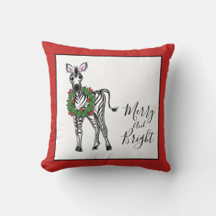 Festive Christmas Zebra, red green Holly wreath  Cushion