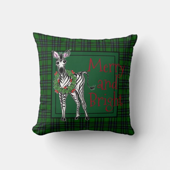 Festive Christmas Zebra, red green Holly wreath  Cushion (Front)