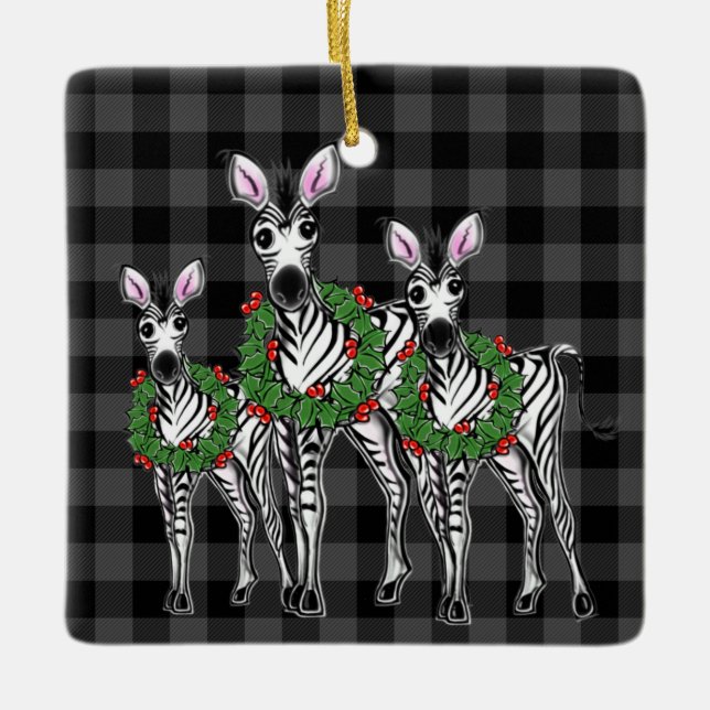 Festive Christmas Zebras, red green wreath Ceramic Ornament (Front)