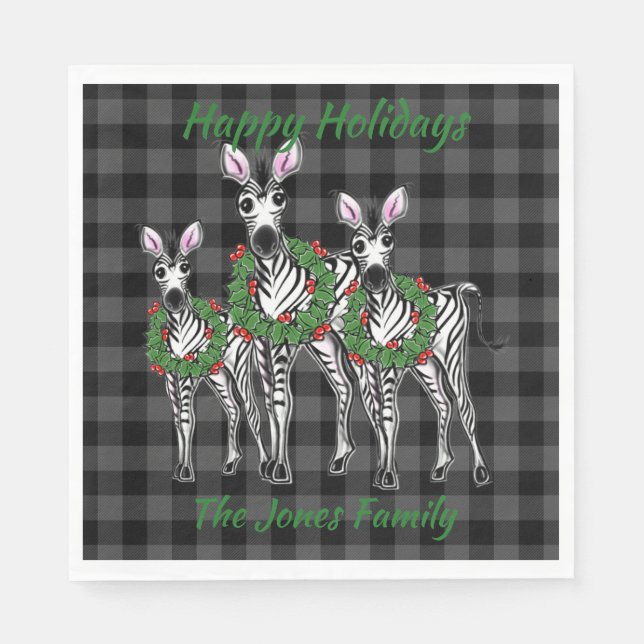 Festive Christmas zebras, xmas wreath, gray plaid Napkin (Front)