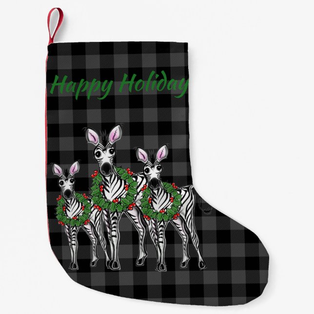 Festive Christmas zebras, xmas wreath, gray plaid Small Christmas Stocking (Front)