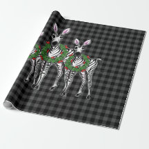 Festive Christmas zebras, xmas wreath, gray plaid