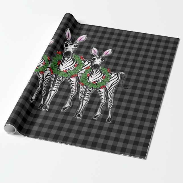 Festive Christmas zebras, xmas wreath, gray plaid Wrapping Paper (Unrolled)