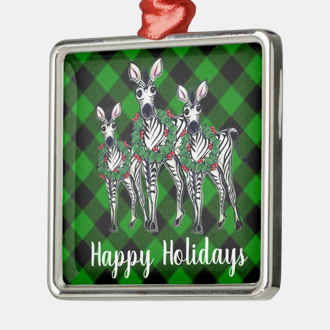 Festive Christmas Zebras xmas wreath green plaid Metal Tree Decoration (Left)
