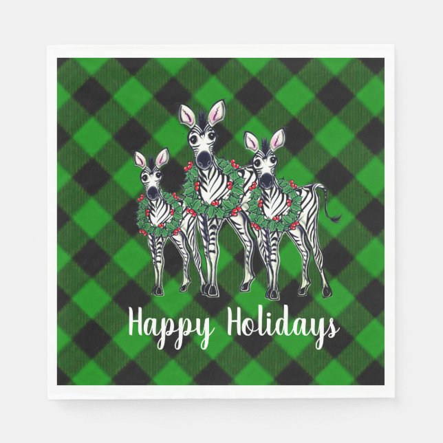 Festive Christmas Zebras, xmas wreath, green plaid Napkin (Front)