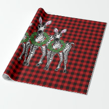 Festive Christmas Zebras, xmas wreath, red plaid