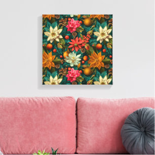 Festive Citrus & Winter Floral Christmas Pattern Canvas Print