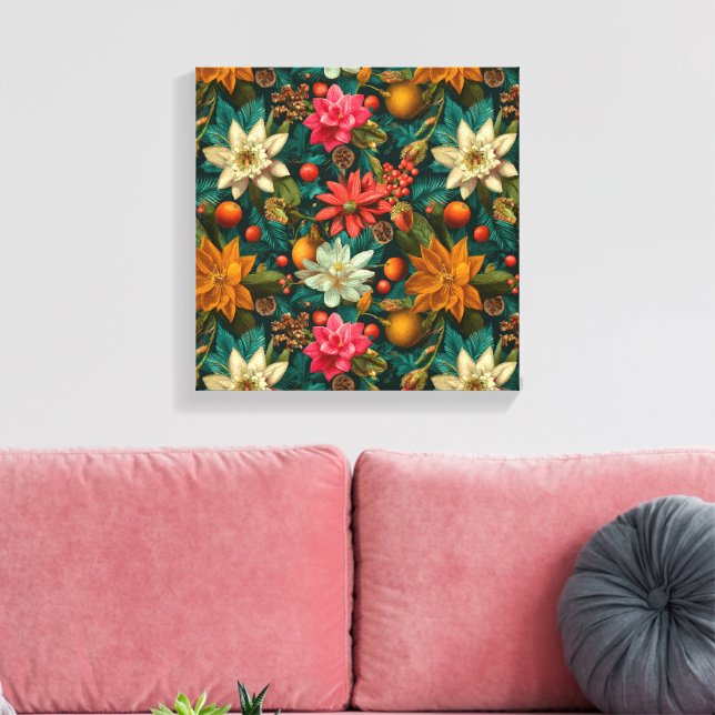 Festive Citrus & Winter Floral Christmas Pattern Canvas Print (Insitu(LivingRoom))