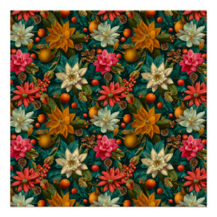 Festive Citrus & Winter Floral Christmas Pattern Poster