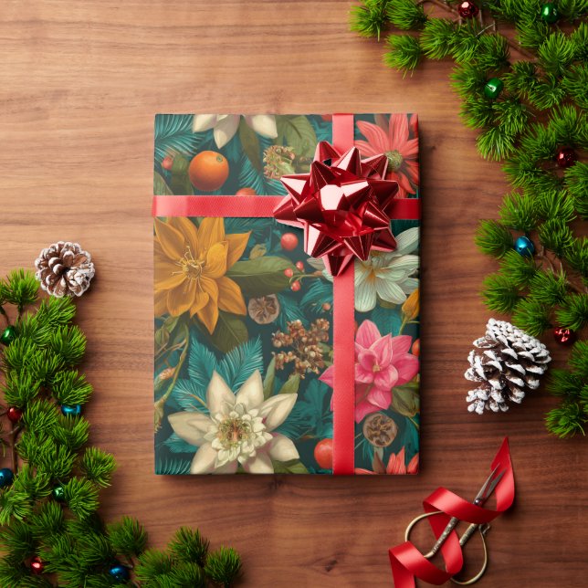 Festive Citrus & Winter Floral Christmas Pattern Wrapping Paper (Holiday Gift)