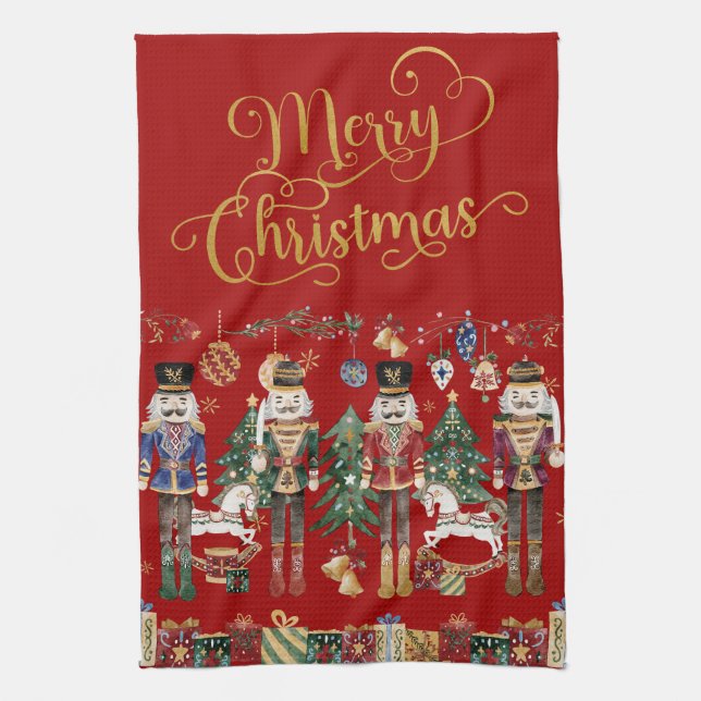 Festive Classic Nutcracker Soldiers Christmas Tea Towel (Vertical)