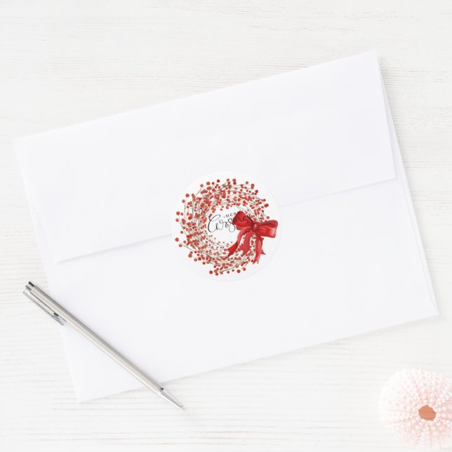 Festive Classic Red Berry Wreath Merry Christmas  Classic Round Sticker (Envelope)