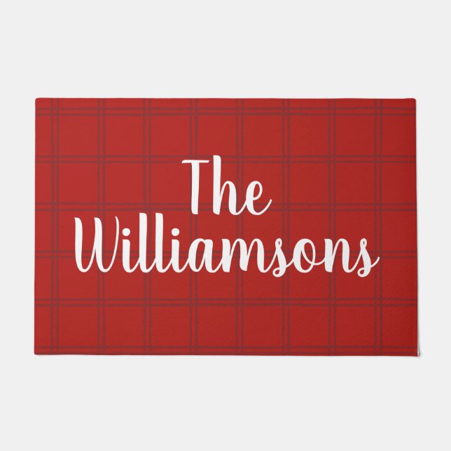 Festive Classic Red Check Family Script Name  Doormat (Front)