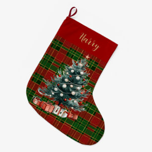 Festive Classic Red Green Gold Plaid Tartan Tree Large Christmas Stocking