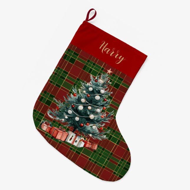 Festive Classic Red Green Gold Plaid Tartan Tree Large Christmas Stocking (Front (Hanging))