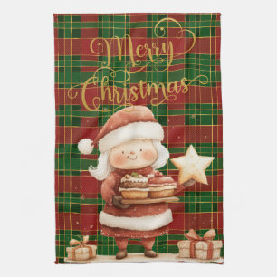 Festive Classic Red Green Gold Tartan Mrs Claus  Tea Towel
