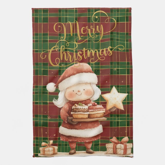 Festive Classic Red Green Gold Tartan Mrs Claus  Tea Towel (Vertical)