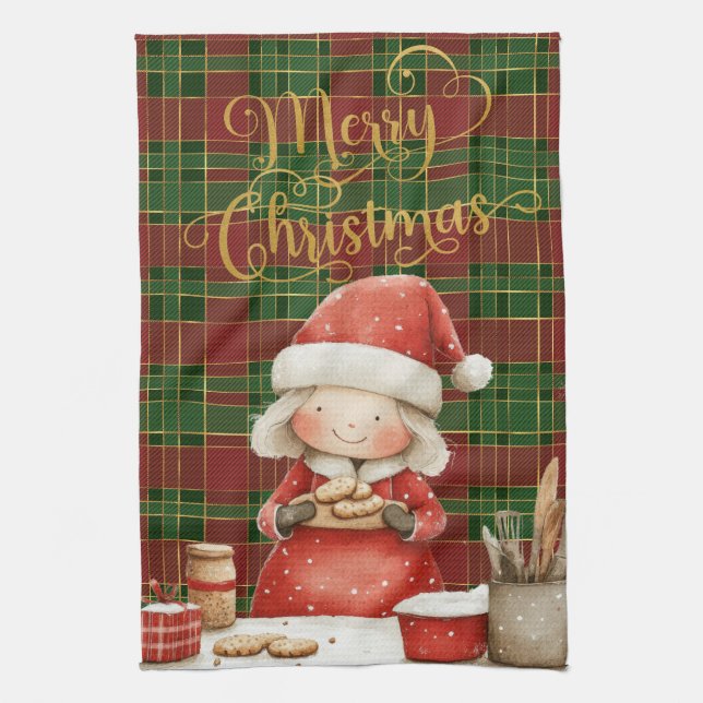 Festive Classic Red Green Gold Tartan Mrs Claus  Tea Towel (Vertical)