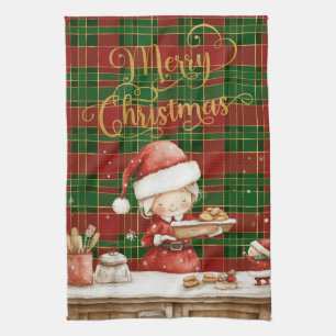 Festive Classic Red Green Gold Tartan Mrs Claus  Tea Towel