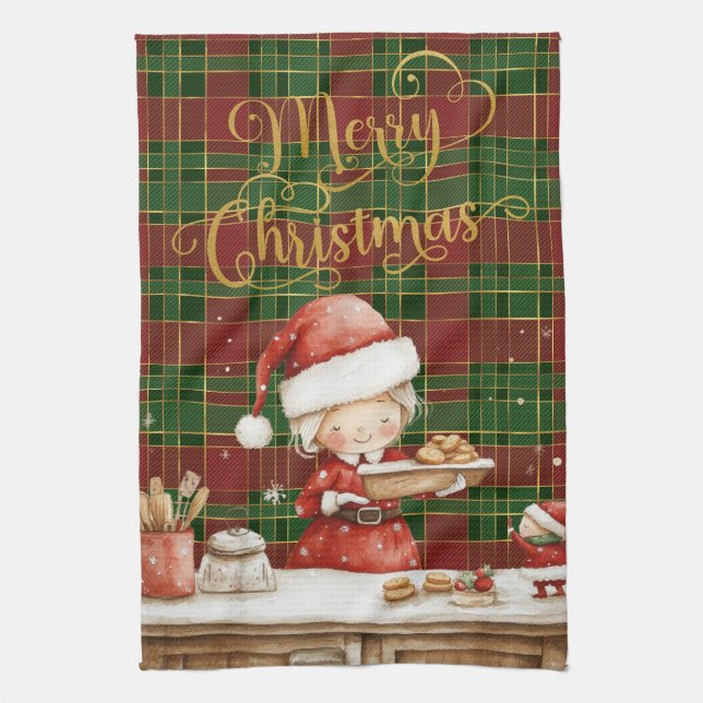 Festive Classic Red Green Gold Tartan Mrs Claus  Tea Towel (Vertical)