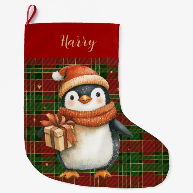 Festive Classic Red Green Gold Tartan Penguin Large Christmas Stocking (Front)