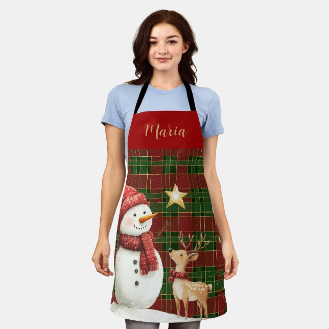 Festive Classic Red Green Gold Tartan Snowman Apron (Worn)