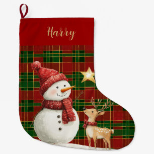 Festive Classic Red Green Gold Tartan Snowman Large Christmas Stocking