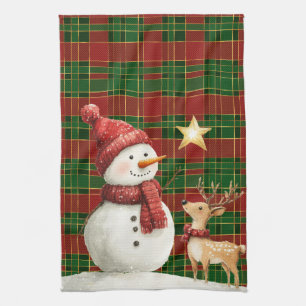 Festive Classic Red Green Gold Tartan Snowman Tea Towel