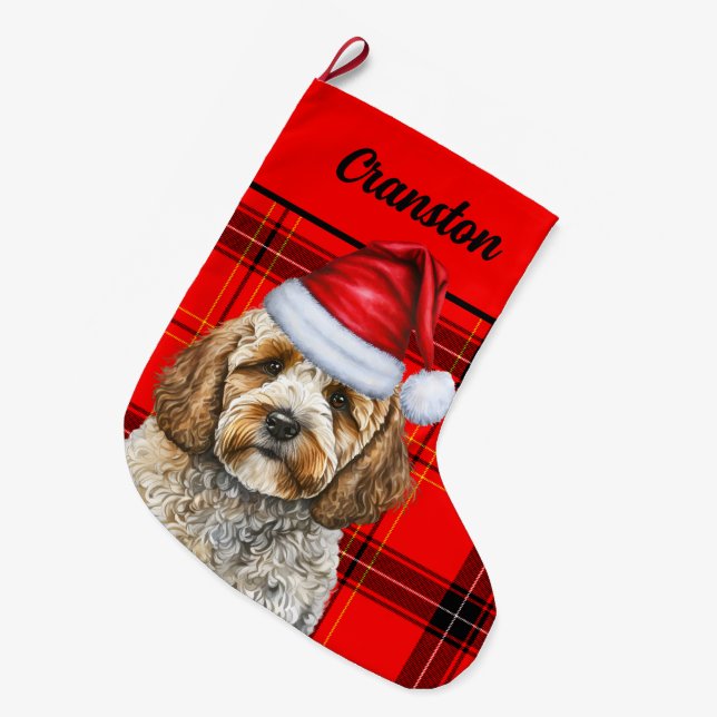 Festive Cockapoo and Red Plaid with Dog's Name Large Christmas Stocking (Front (Hanging))