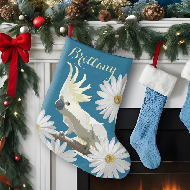 Festive Cockatoo With Daisy Flowers Vibrant Parrot Large Christmas Stocking (Festive Cockatoo personalized Christmas stocking with cheerful daisies for a bird lover's holiday!)