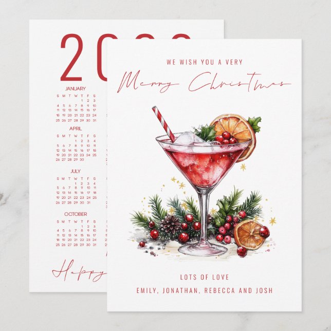 Festive Cocktail 2026 Calendar Merry Christmas Holiday Card (Front/Back)