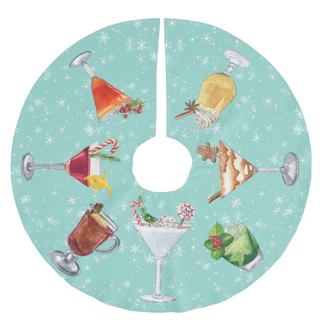 Festive Cocktail Drinks Christmas Watercolor Brushed Polyester Tree Skirt (Front)