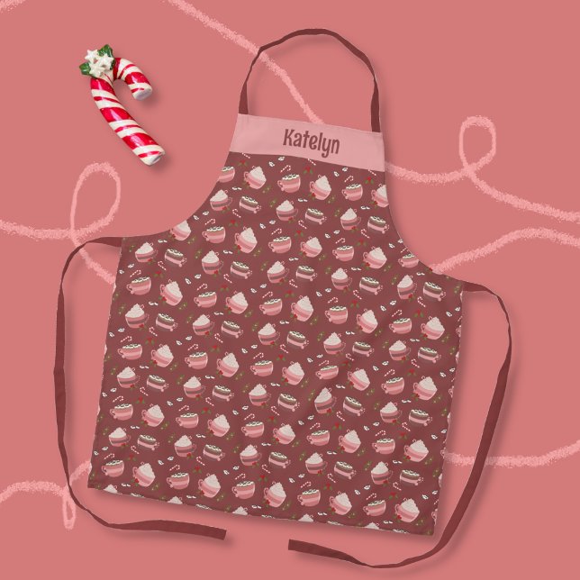 Festive Cocoa Mugs Doodle Pattern Apron with Name (Personalized festive cocoa mugs pattern holiday apron . )
