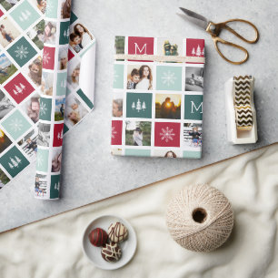 Festive Collage Monogram 15 Photo Holiday Wrapping Paper