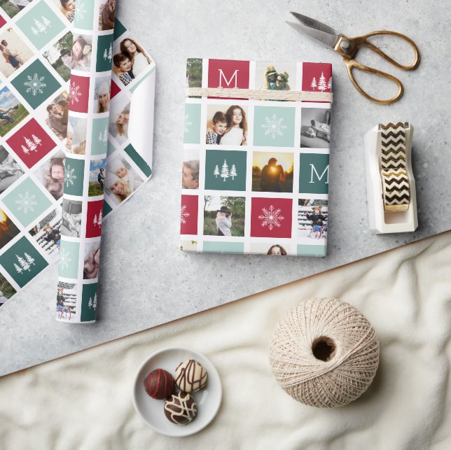 Festive Collage Monogram | 15 Photo Holiday Wrapping Paper (Crafts)