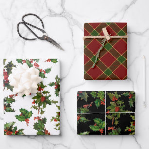 Festive Colorful Christmas Holly and Plaid Wrapping Paper Sheet