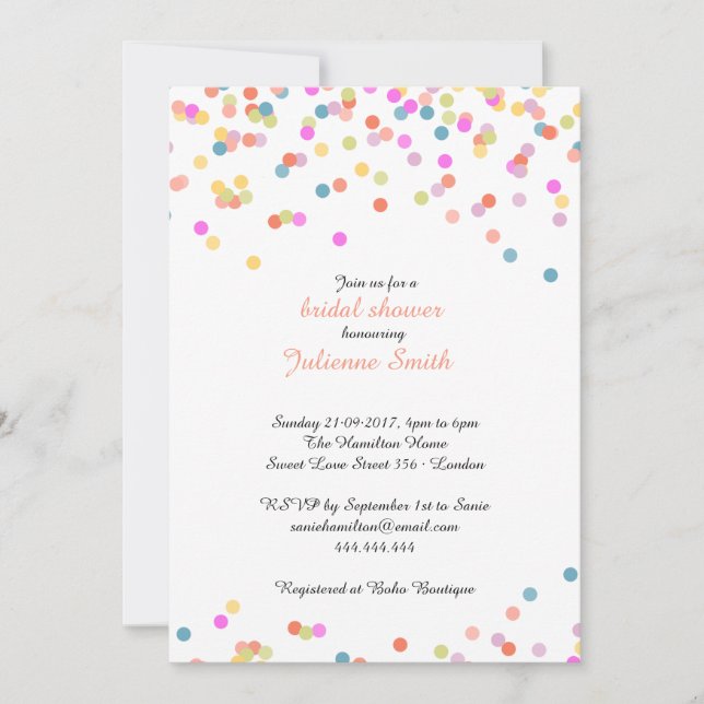Festive Colorful Confetti Bridal Shower Invitation (Front)