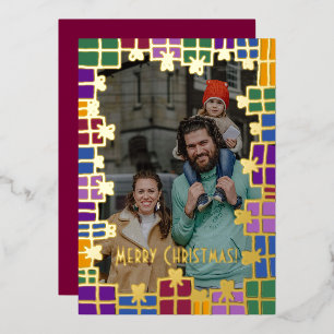 Festive Colour & Gold Gift Border Photo Christmas Foil Holiday Card