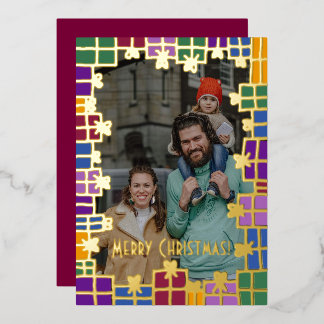 Festive Colour & Gold Gift Border Photo Christmas Foil Holiday Card