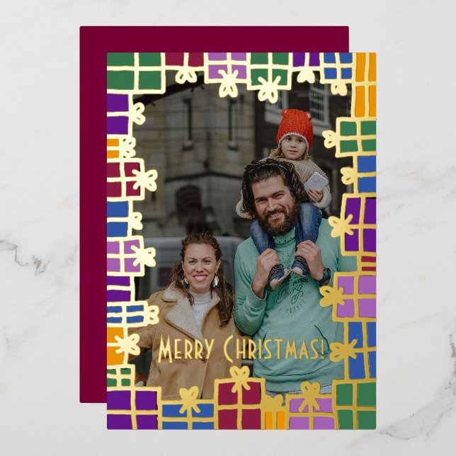 Festive Colour & Gold Gift Border Photo Christmas Foil Holiday Card (Front/Back)
