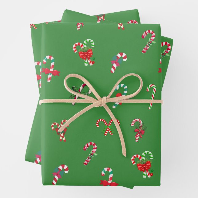 Festive Colourful Christmas Candy Canes Green  Wrapping Paper Sheet (In situ)