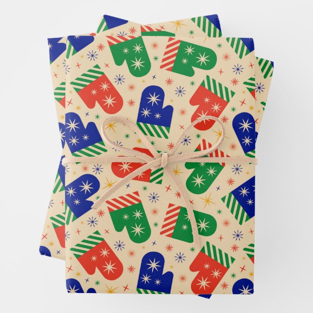 Festive Colourful Christmas Mittens  Wrapping Paper Sheet (In situ)