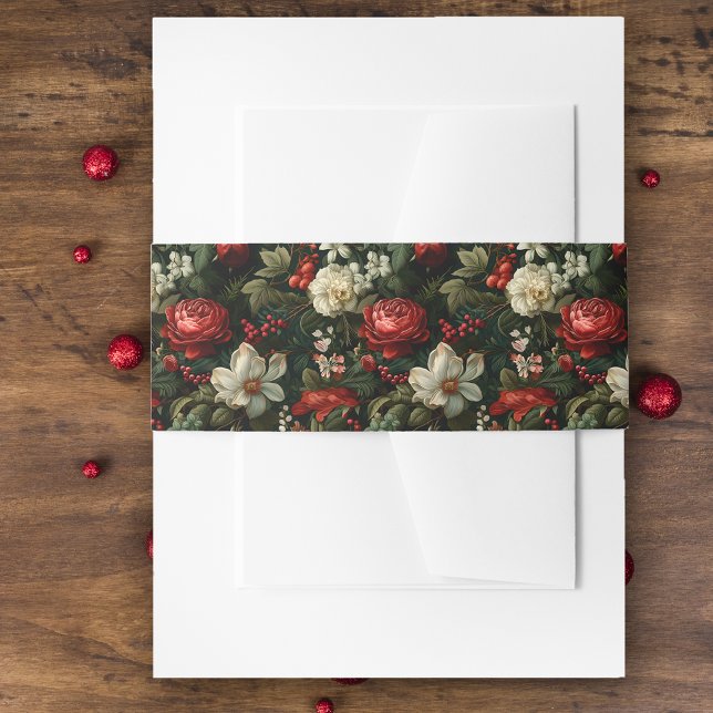 Festive Colourful Christmas Roses, Pine and Holly Invitation Belly Band (Creator Uploaded)